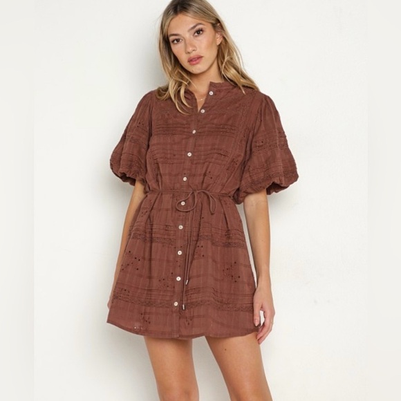 Saint Helena Rose Mini Dress Rose Clay Brown Eyelet 100% Cotton Size Small - Picture 7 of 13